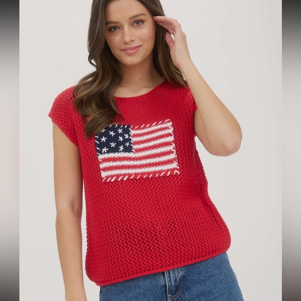 070- Red Knit American Flag Top